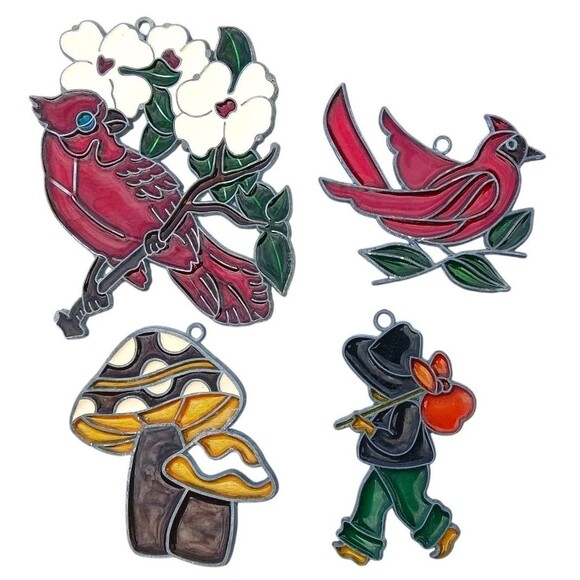 VTG Lot Of 4 CARDINAL BIRDS & MORE Stained Glass Metal Sun Catchers / Ornaments